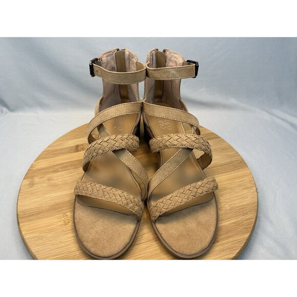 Franco Sarto Olympus Sandal 9.5 Tan Strappy Gladiator Low Heel Zip Up Back - Picture 2 of 7